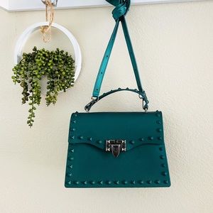 PVC Top handle small emerald green studded crossbody purse